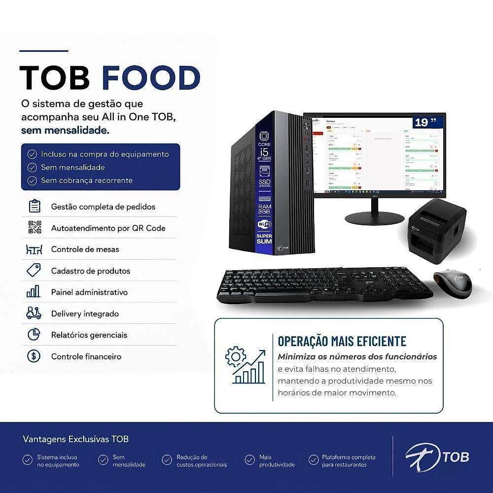 Computador PDV Core I5 4aG 8GB SSD 240GB com Impressora Termica Monitor 19" Sistema TOB Food Tob