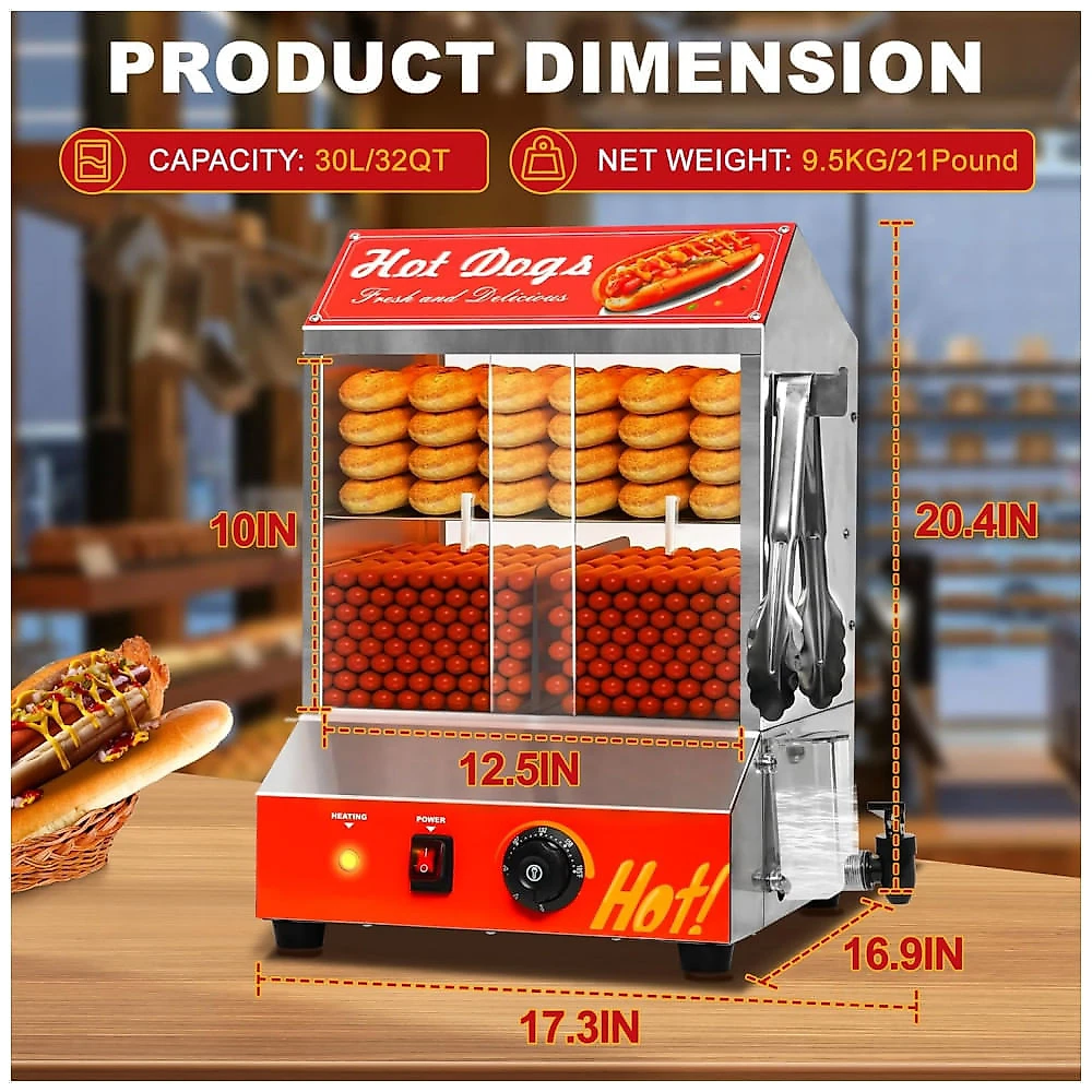 Steamer de Cachorro-Quente, 2 Prateleiras em Aço Inoxidável com Aquecedor de Pão, Controle de Temperatura, Capacidade para 175