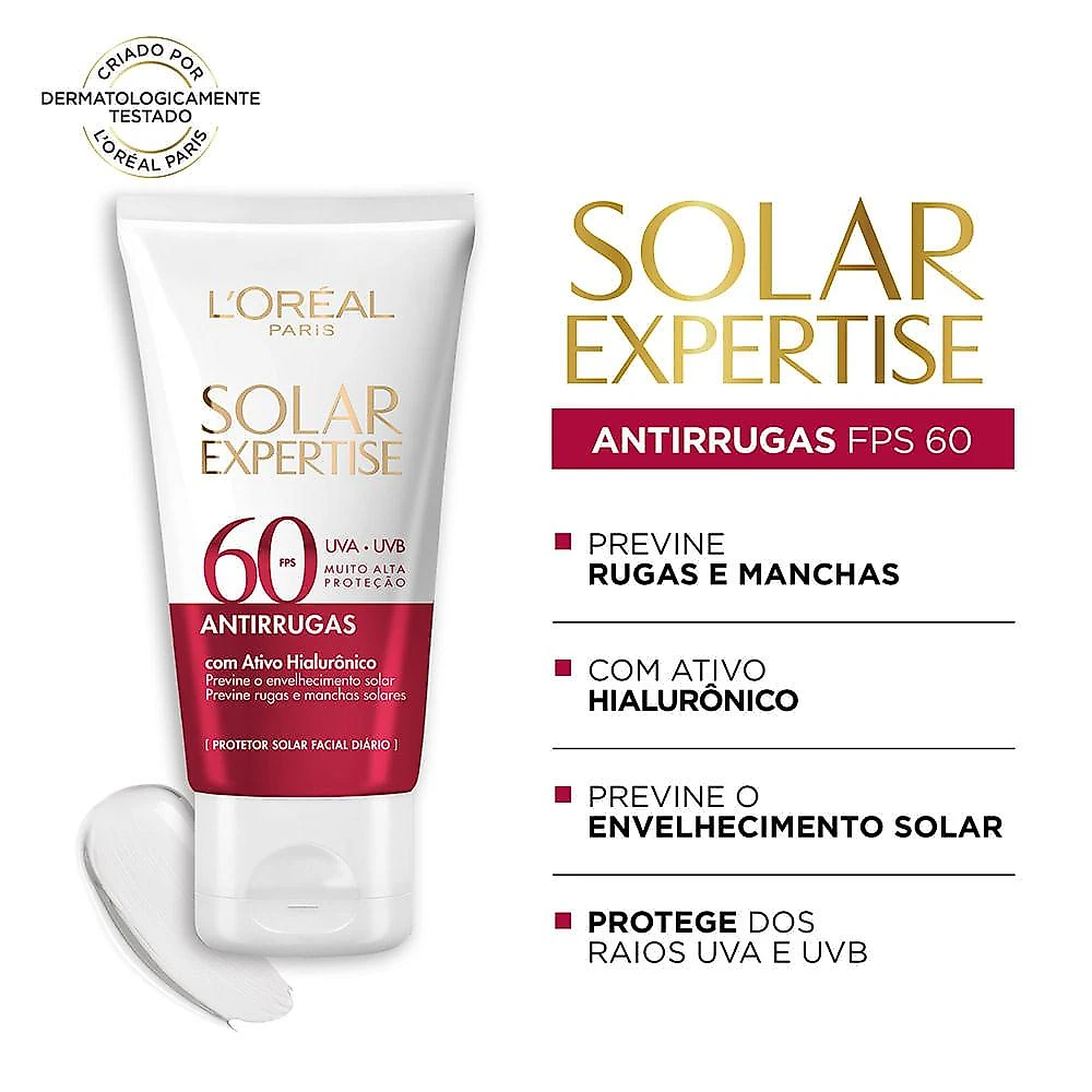 Protetor solar facial l'oréal paris solar expertise antirrugas fps 60 40g