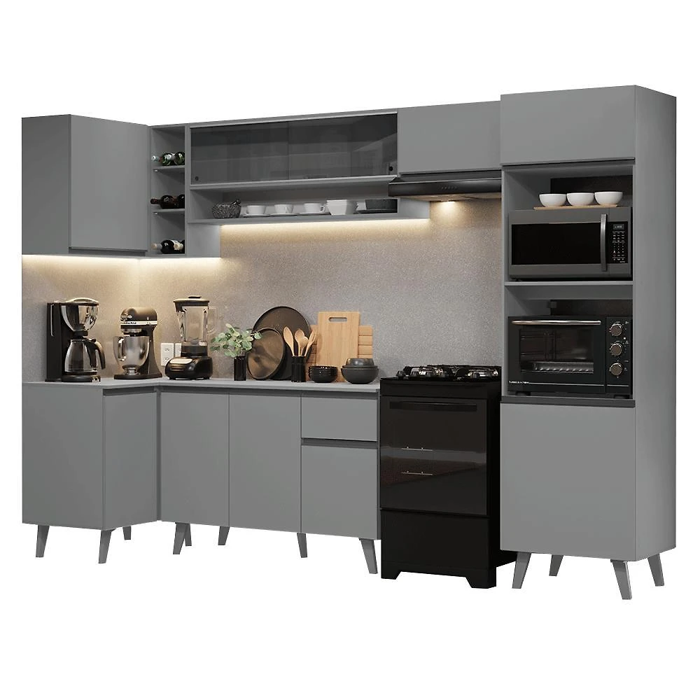Armário de cozinha completa de canto 385cm cinza nice madesa 04