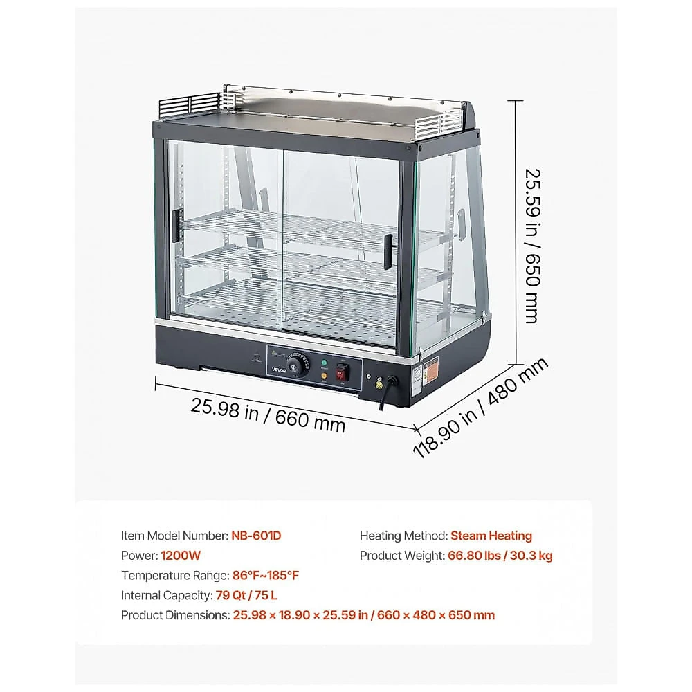 Estufa Expositor de Alimentos VEVOR NB-601D 75L 3 Andares Aquecimento a Vapor LED 110V