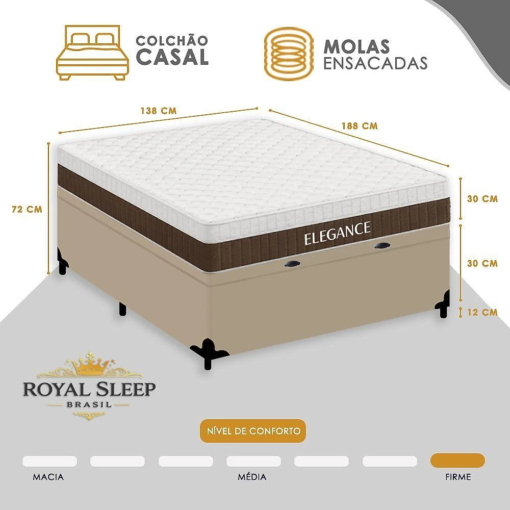 Cama Box com Baú Casal Elegance Euro Pillow Molas Ensacadas Tecido Bege Royal