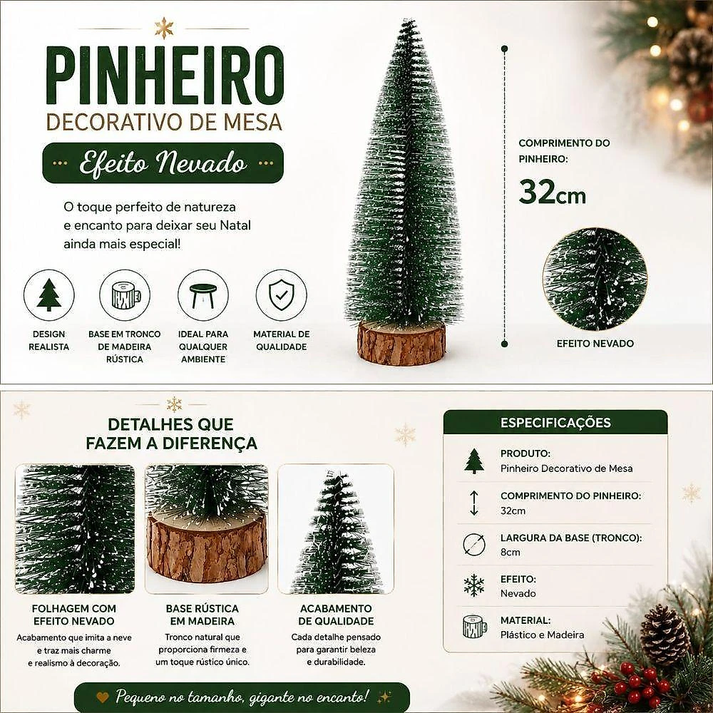 Pinheiro Decorativo Natalino Nevado com Base em Tronco Verde Bela Flor 32CM