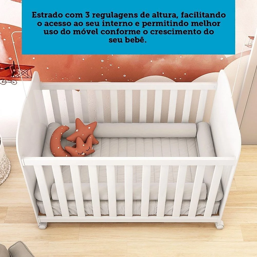 Quarto de Bebê Completo com Guarda Roupas 3 Portas Cômoda e Berço com Rodizio 100% Mdf Lana Espresso Branco Brilho