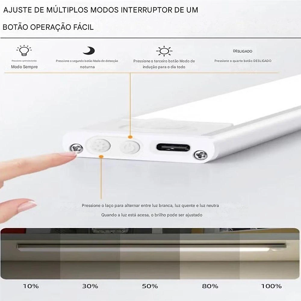 Luminária BSL3750 com Sensor de Presença 3 Tons Branco Braslu com Cabo USB