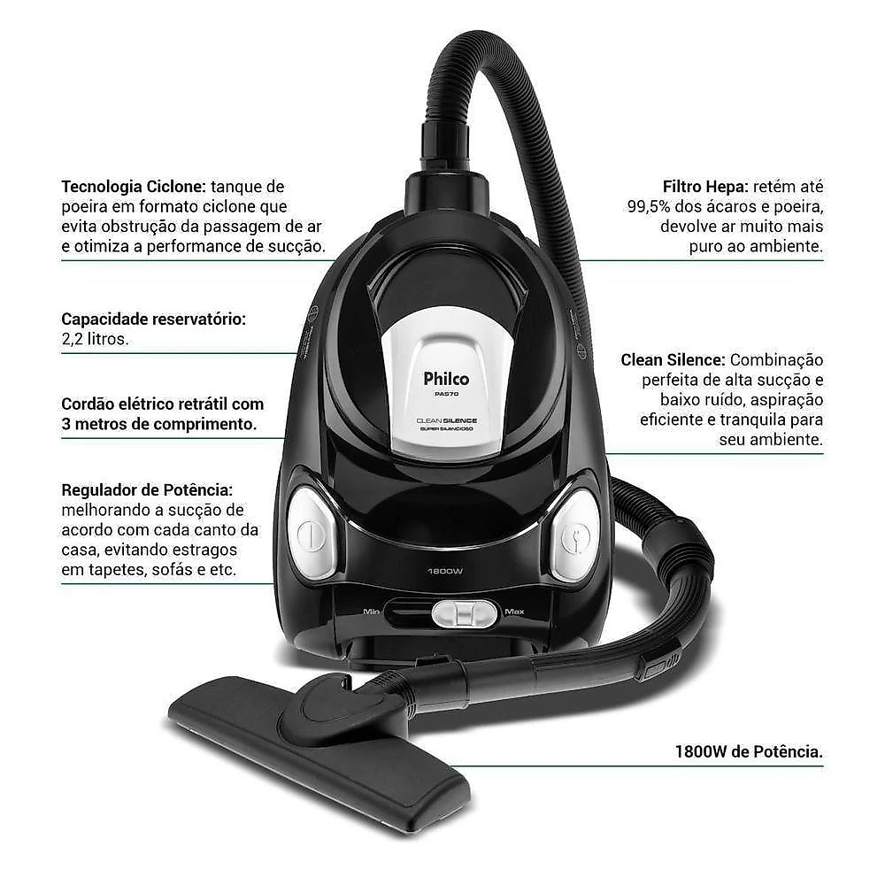 Aspirador de pó de Água e pó philco pas70 1800w 2,2l com filtro hepa super silencioso preto 110v