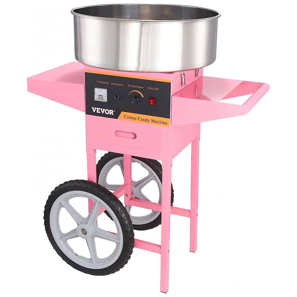 Máquina de Algodão Doce VEVOR com Carrinho 1000W Rosa Produção 6 Cones/min 110V