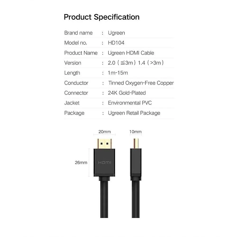 Cabo HDMI Ugreen HD104 2.0 4K 60Hz 18GBPS Bivolt Preto para TV Monitor Notebook 2M