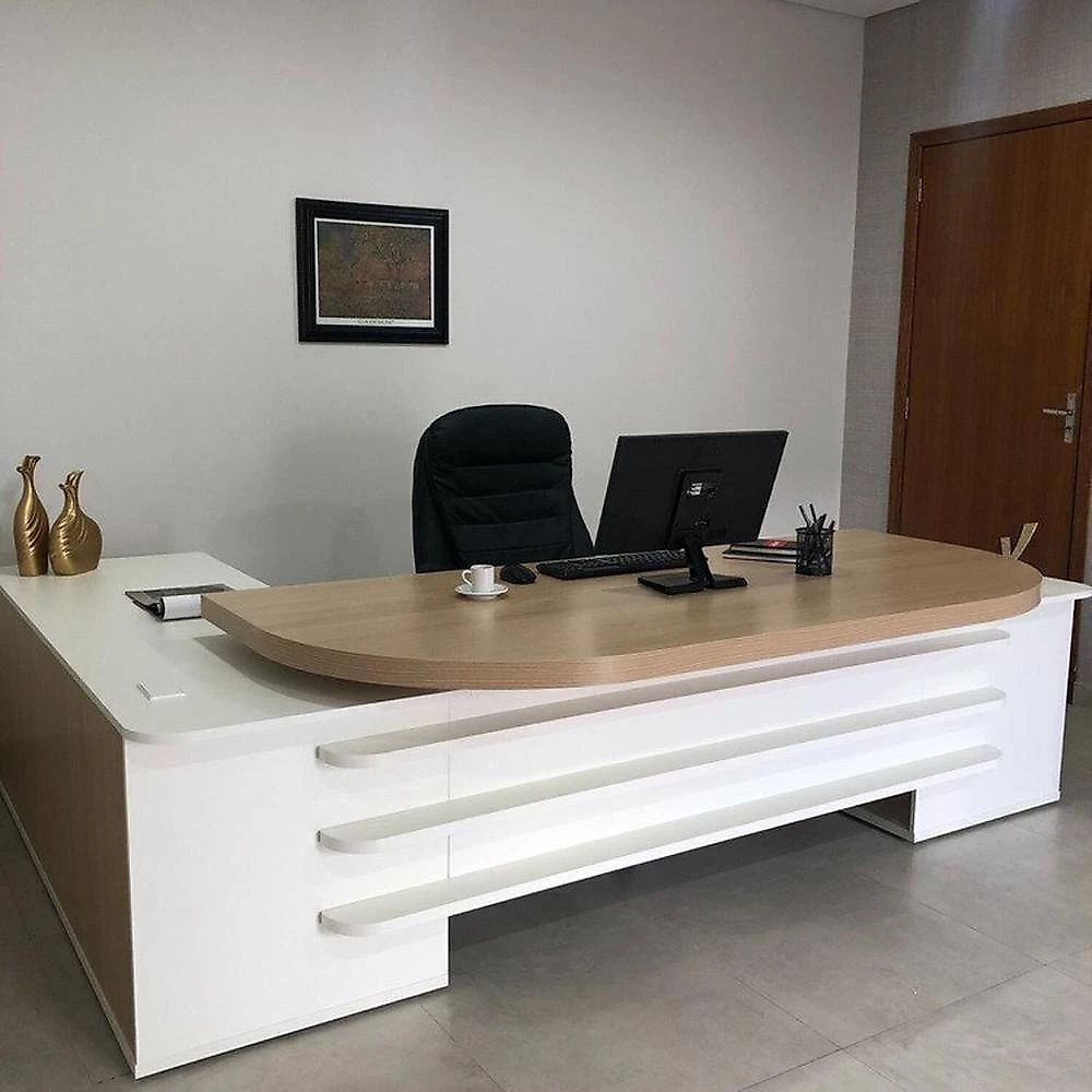 Kit 2 Peças com Mesa para Escritório Presidente em Tamburato e Armário Multiuso Alto Conjunto Para Escritório Executivo Mesa Tamburato Presidente E Armário Tamburato Com Nicho Carvalho/Branco