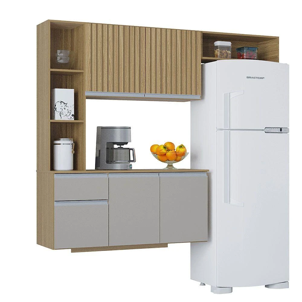 Kit Cozinha Suspensa Mel Com Balcão 163cm Poquema Móveis Damasco / Ripado / Offwhite