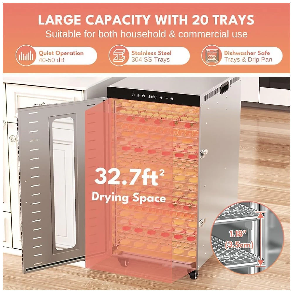 Desidratador de Alimentos BriSunshine 20 Bandejas Aço Inoxidável Comercial 1600W Timer 24h 110V