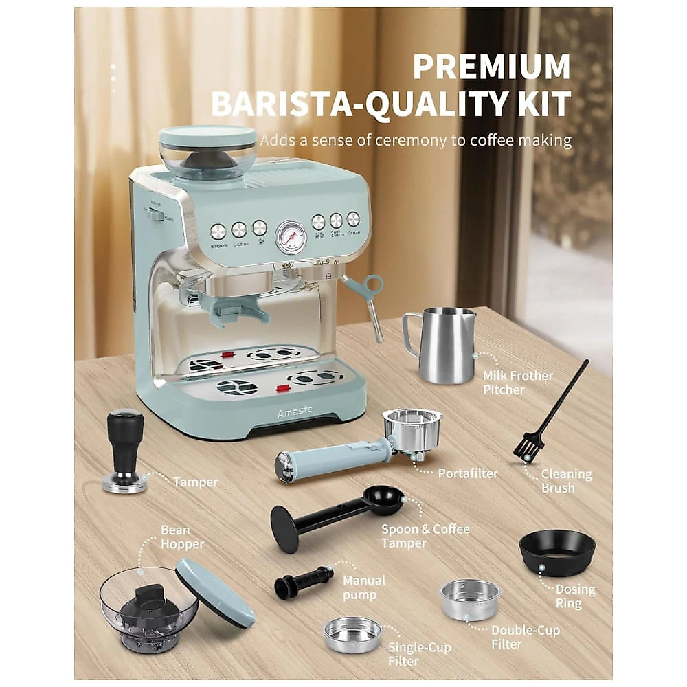 Cafeteira Espresso Amaste 15 Bar com Moinho Integrado, Vaporizador, 2L Azul, Kit Barista, Pre-Infusão, AC-517EA 110V