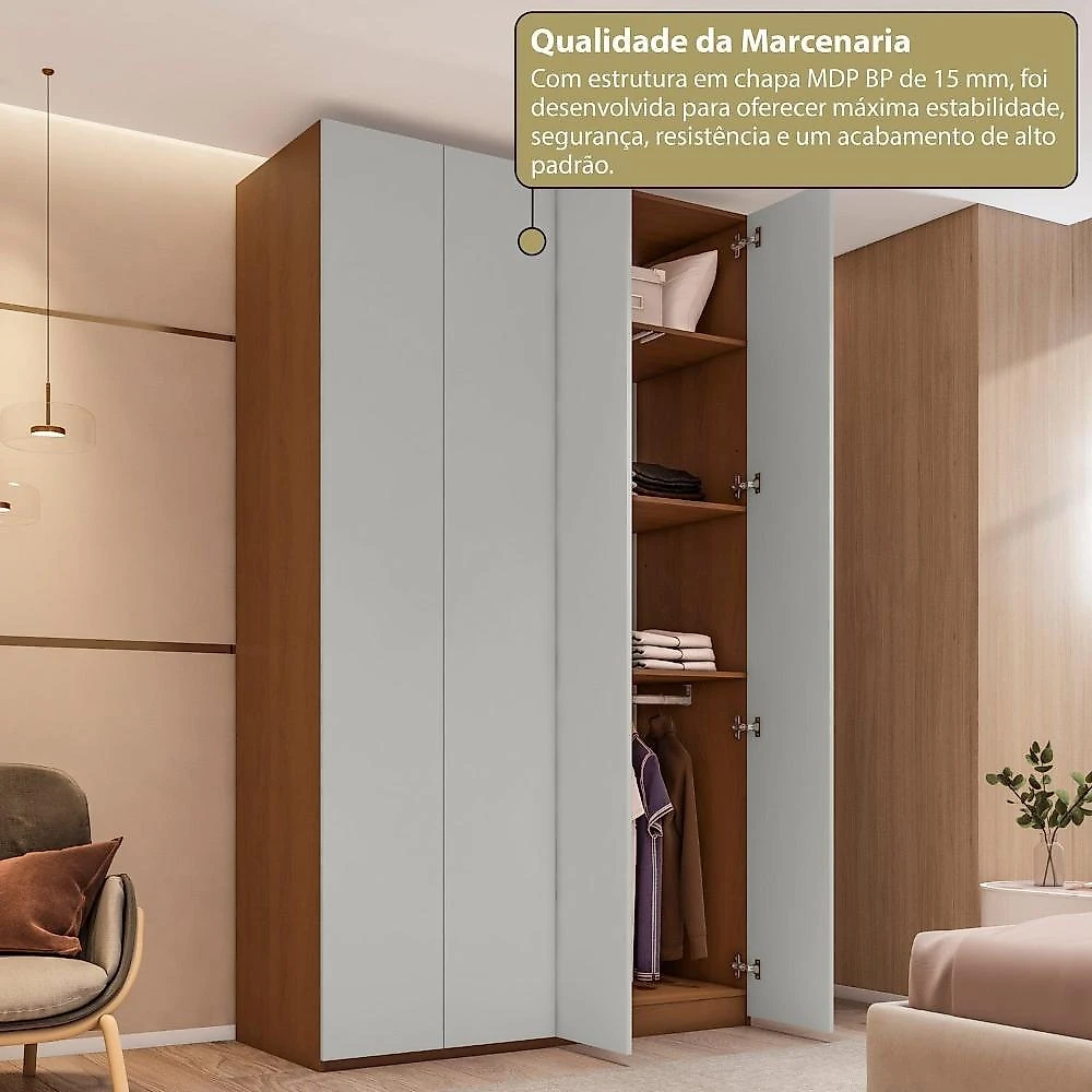 Guarda-Roupa 4 Portas 3 Gavetas Grande Rio Clean Minimalista Yescasa Freijó/Cinza
