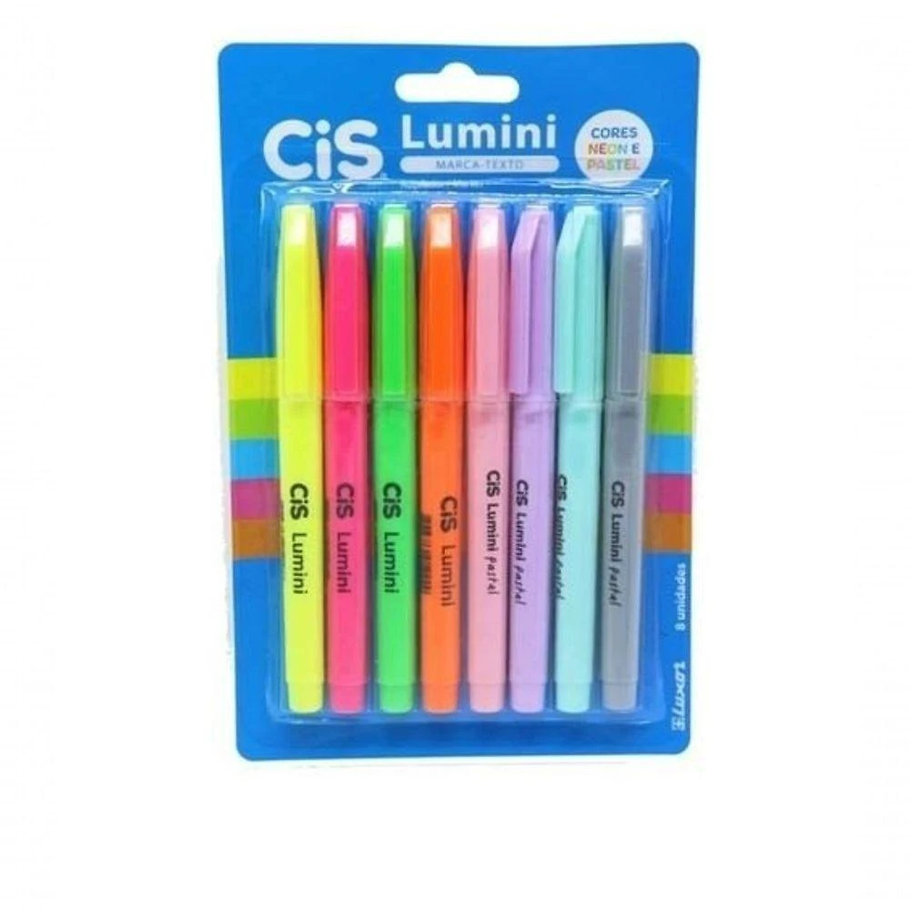 Caneta Marca Texto Cis Lumini Ponta Chanfrada Traço 1-3,5MM Estojo com 8 Cores Neon e Pastel