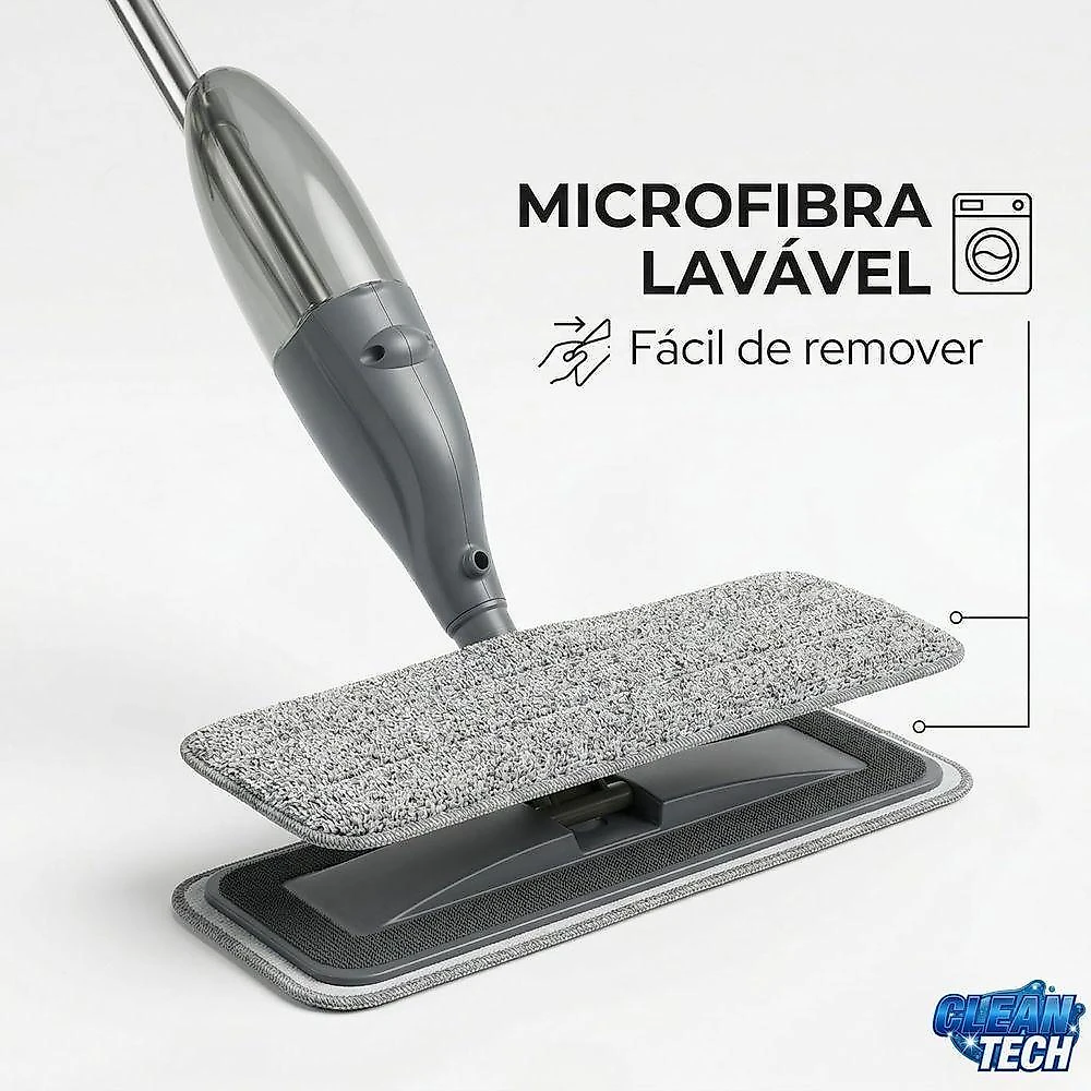 Esfregão Mop Spray 2 em 1 com Reservatório 300ml Rodo Articulado 360o para Limpeza de Pisos Cinza