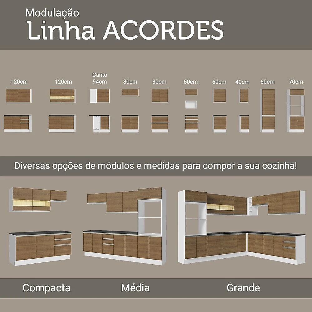 Cozinha completa 100% mdf madesa acordes 250003 com armário e balcão - branco/rustic