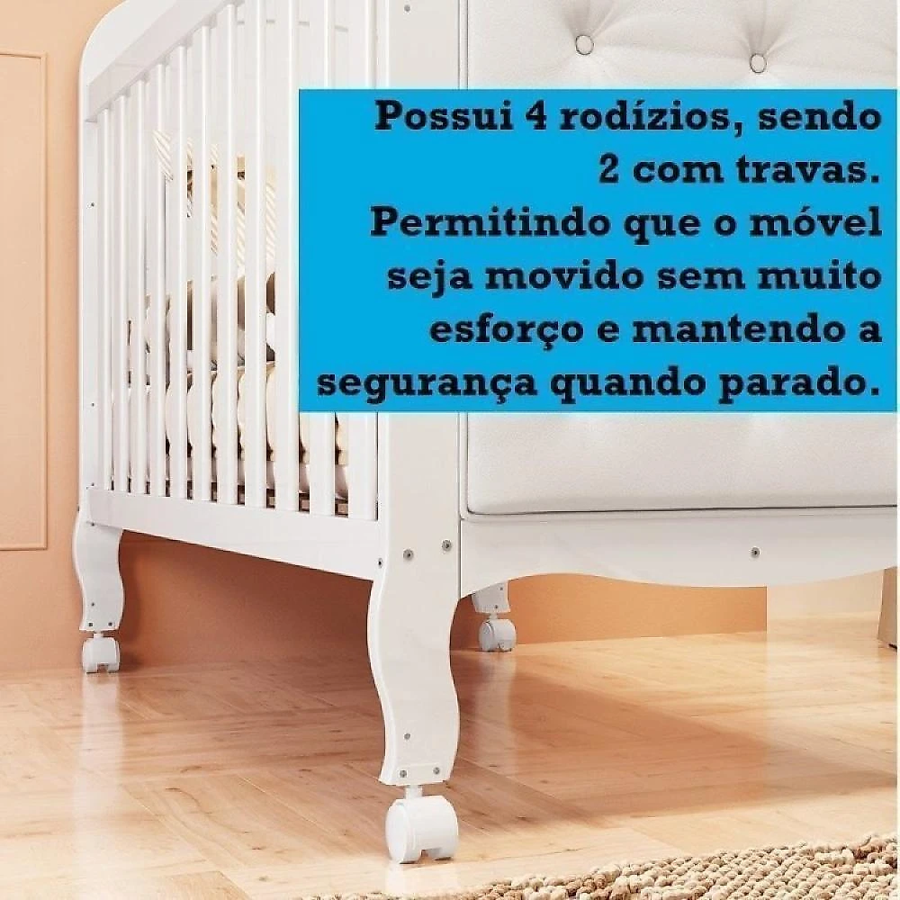 Quarto de Bebê Berço com Capitonê Guarda Roupa e Cômoda com Janela Maya Clássico Espresso Móveis Branco Brilho/Corino Branco