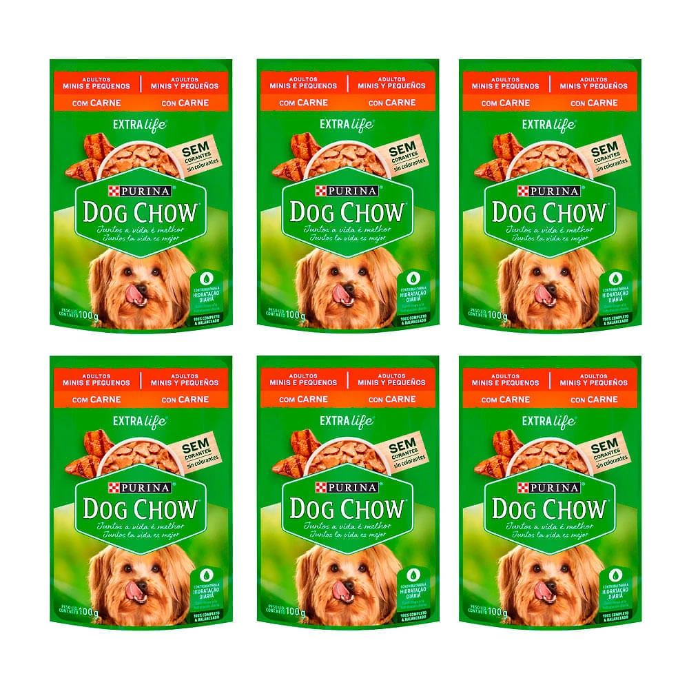 Kit 6 Ração para Cães Dog Chow Adulto Raças Pequenas Sachê Sabor Carne ao Molho 100g