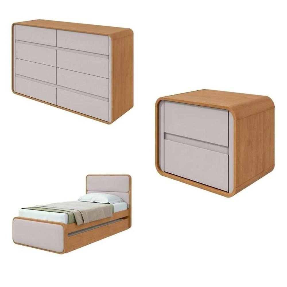 Miniatura Quarto Completo Cama Solteiro com Cômoda 8 Gavetas e Mesa de Cabeceira Amêndoa Clean/Off White