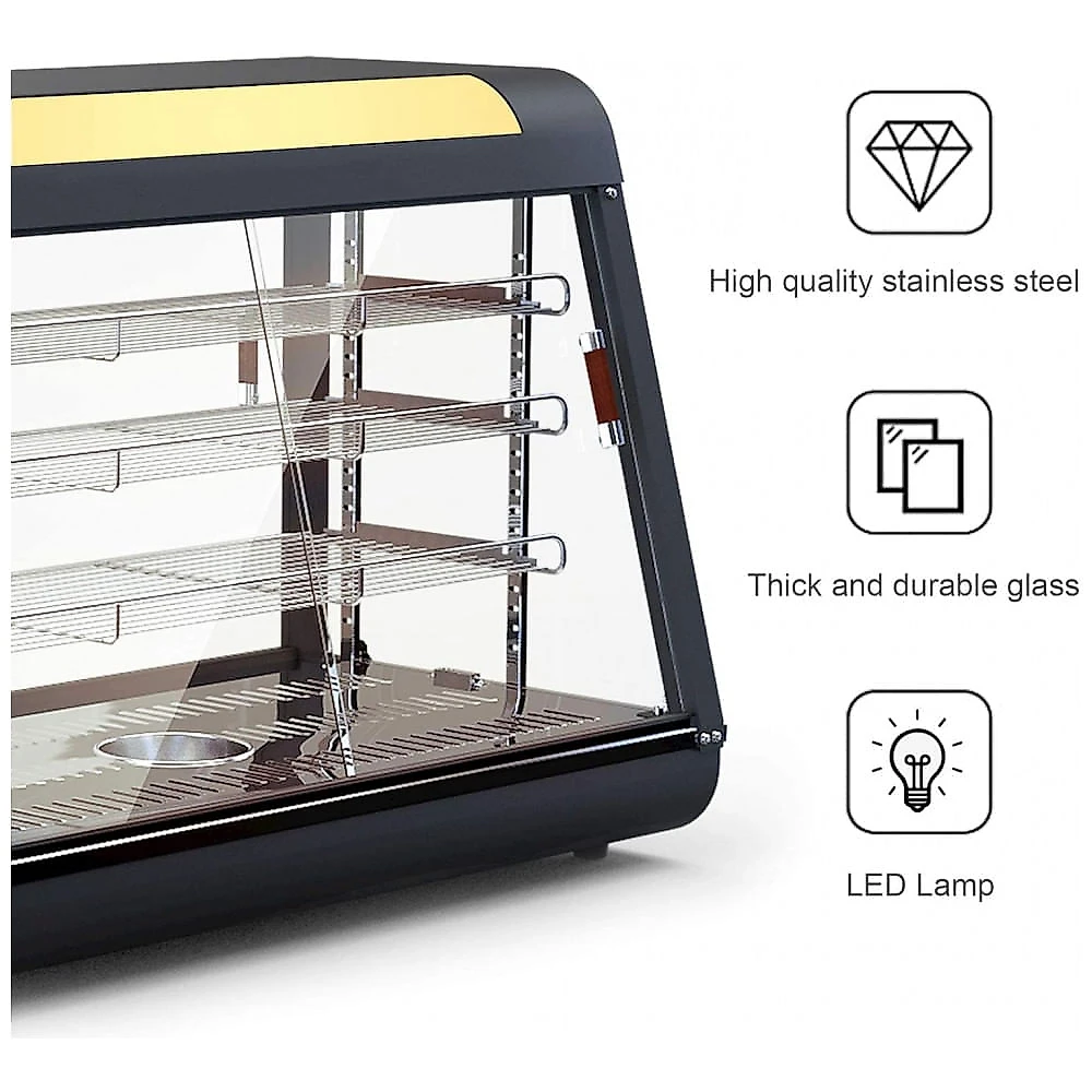 Aquecedor de Pizza Countertop Anpuce Preto Vidro Temperado Portas Deslizantes LED Horizontal 89x48x65 cm 110V 1500W para Buffet Restaurantes