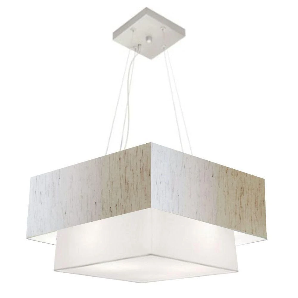 Lustre Pendente Duplo Quadrado Vivare Md-4347 Cúpula Em Tecido 80x70cm - Bivolt Linho-bege-branco 127/220v