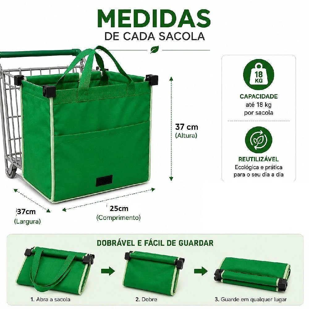 Kit 2 Sacolas Reutilizáveis para Carrinho Dobráveis Tecido Resistente Alças Reforçadas 18KG