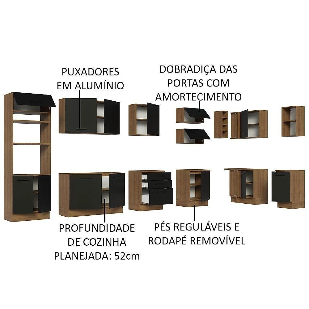 Armário De Cozinha Completa De Canto 499cm Rustic/preto Agata Madesa 01 Rustic/preto