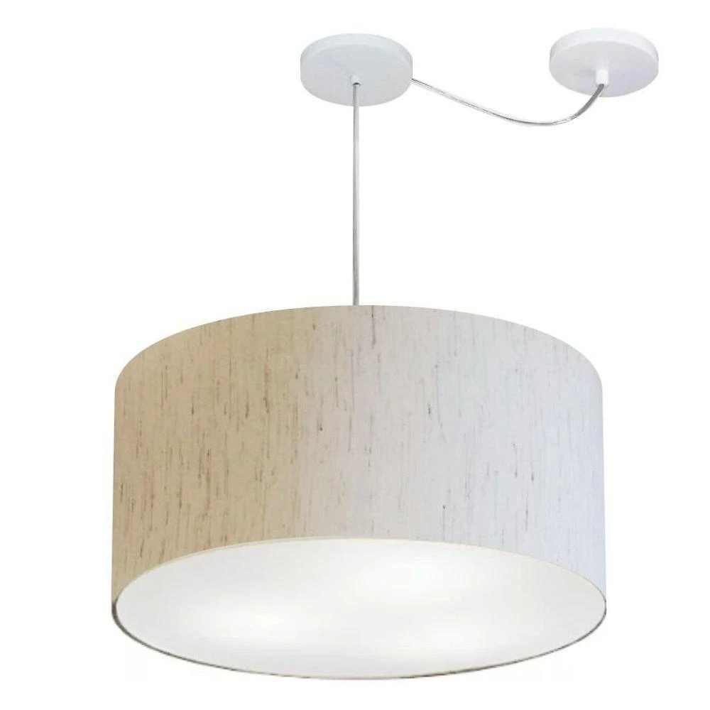 Lustre Pendente Cilíndrico Com Desvio De Centro Vivare Md-4238 Cúpula Em Tecido 45x25cm - Bivolt Linho Bege 127/220v