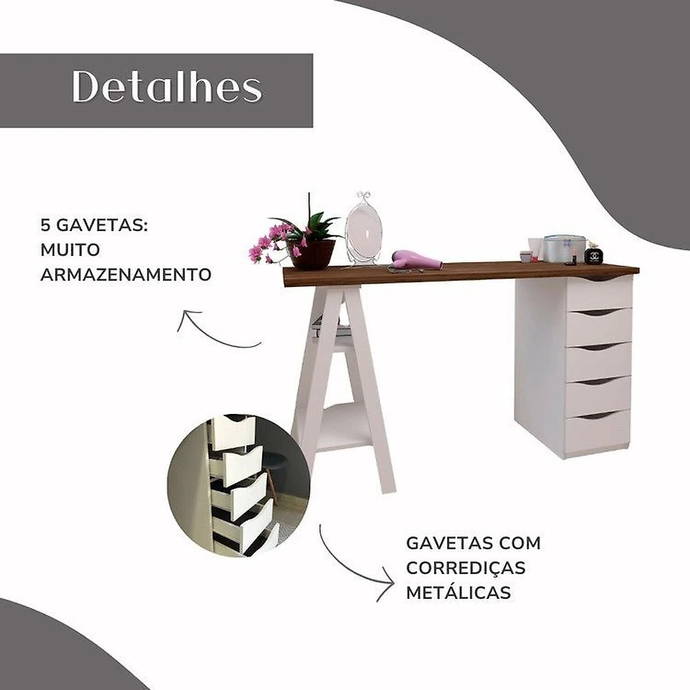 Kit 3 Peças com Escrivaninha Moderna com Pés de Cavalete, Armário com Nichos e Balcão 2 Portas Nogal/Branco