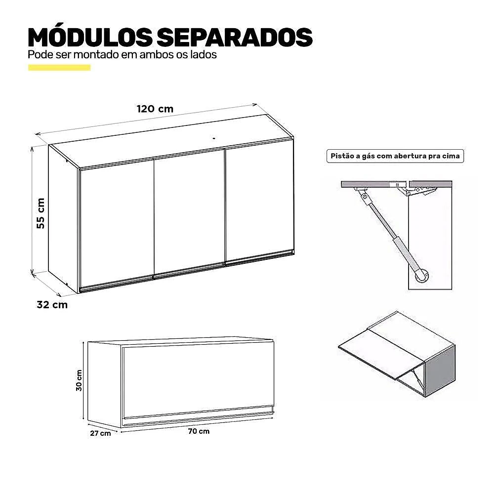Conjunto De Armários Aéreo Cozinha Planejada Lux 120cm E 70cm 100% Mdf Branco Tx Fosco - Desk Design