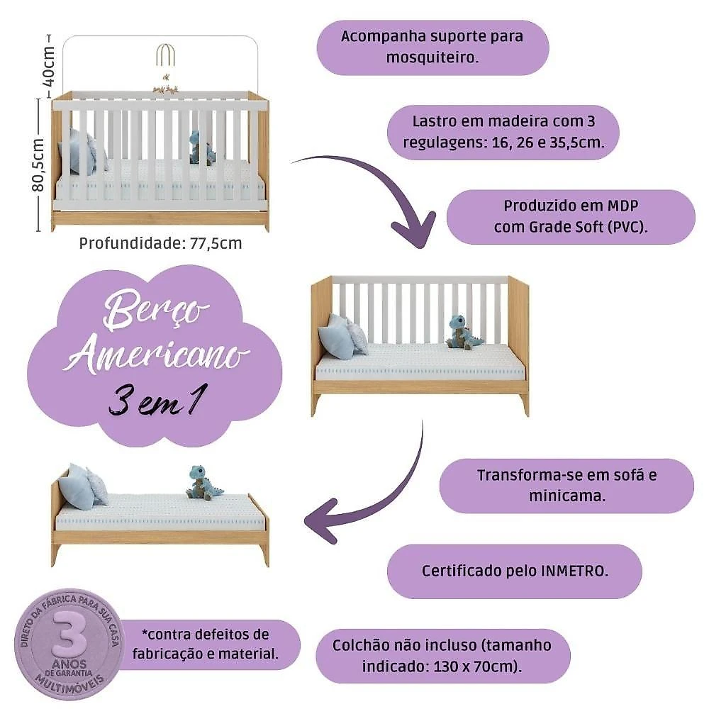 Quarto De Bebê Completo Com Berço Americano 3 Em 1 Fofura Multimóveis MP4649 Madeirado-branco
