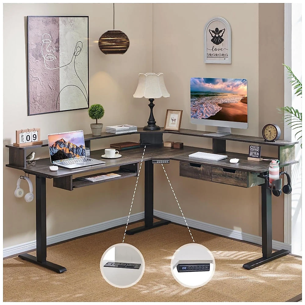 Mesa Gamer em L Elétrica RedLemon Carvalho Rústico Escuro 152 cm com Altura Ajustável, Gavetas, Bandeja Teclado, Tomadas e Luzes LED