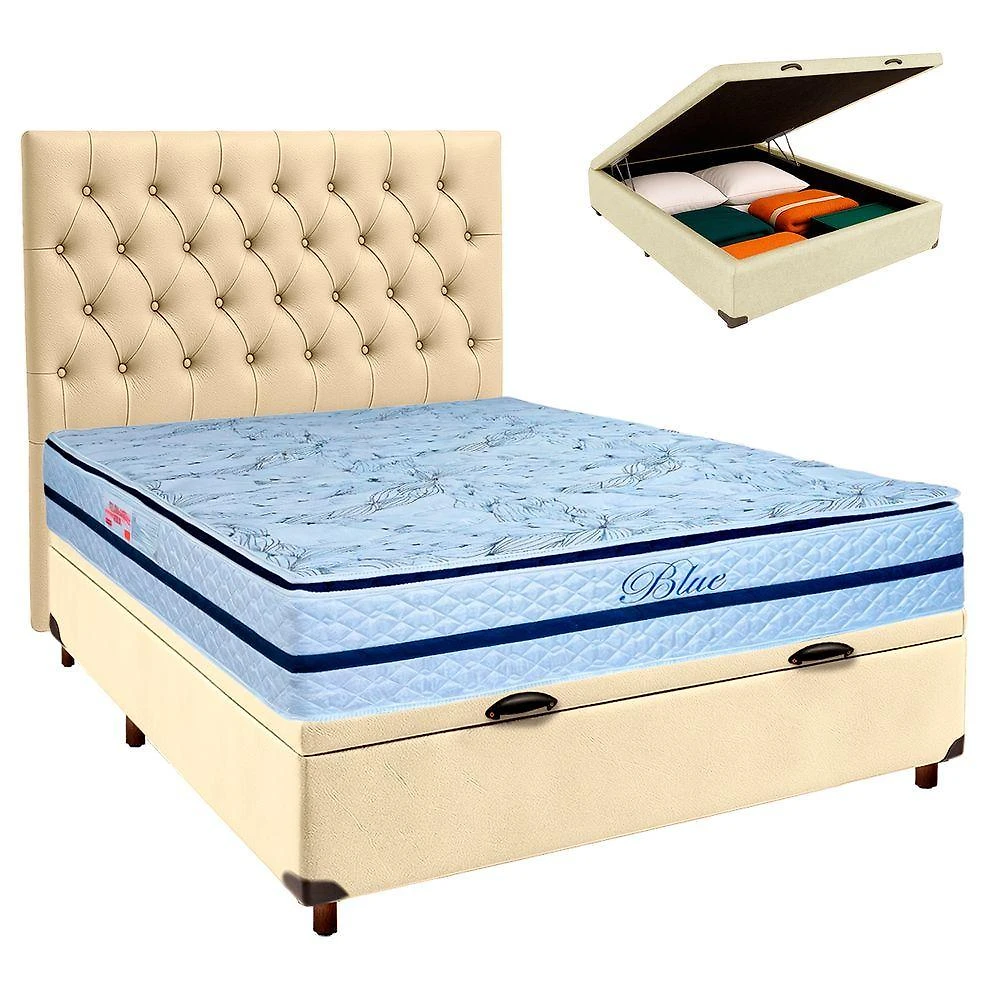 Cama + Bau Blindado E Colchão Molas Ensacadas Casal - Blue Paropas + Cabeceira