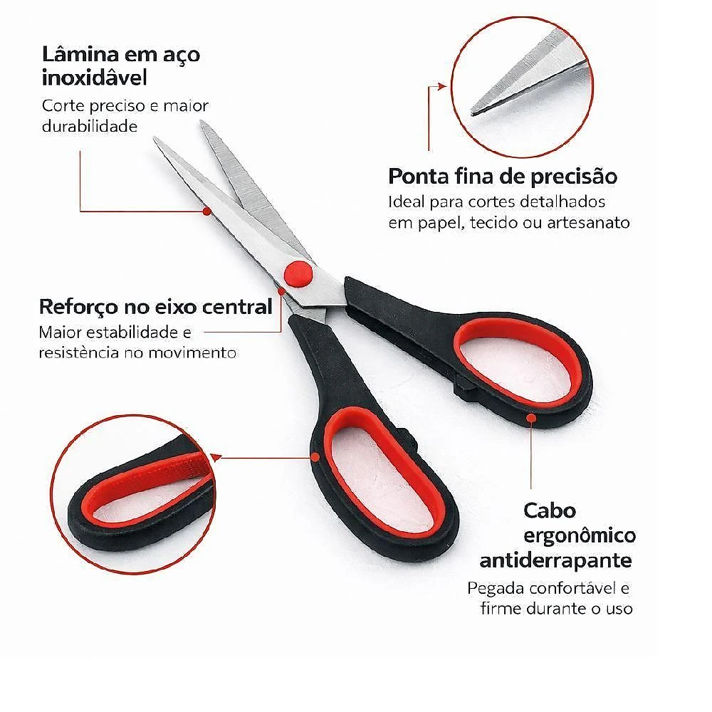 Kit de Tesouras Multiuso Utibom Aço Inoxidável Cabo Ergonômico 3 Unidades Pequena Média e Grande