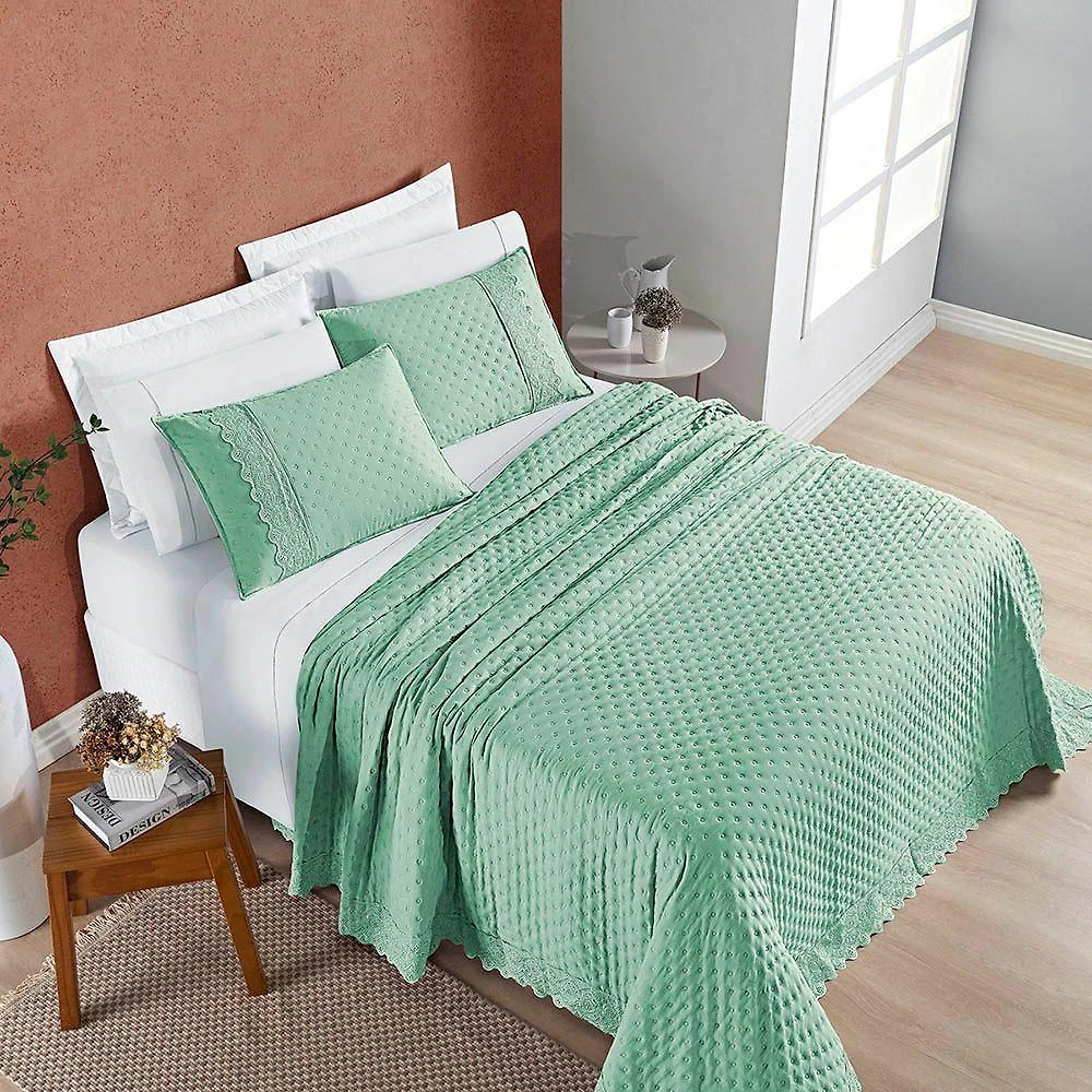 Kit Cobre Leito Bouclê Laise Bordada Micropercal 200 Fios Casal 3 Peças Verde Salvia Casa Scarpa
