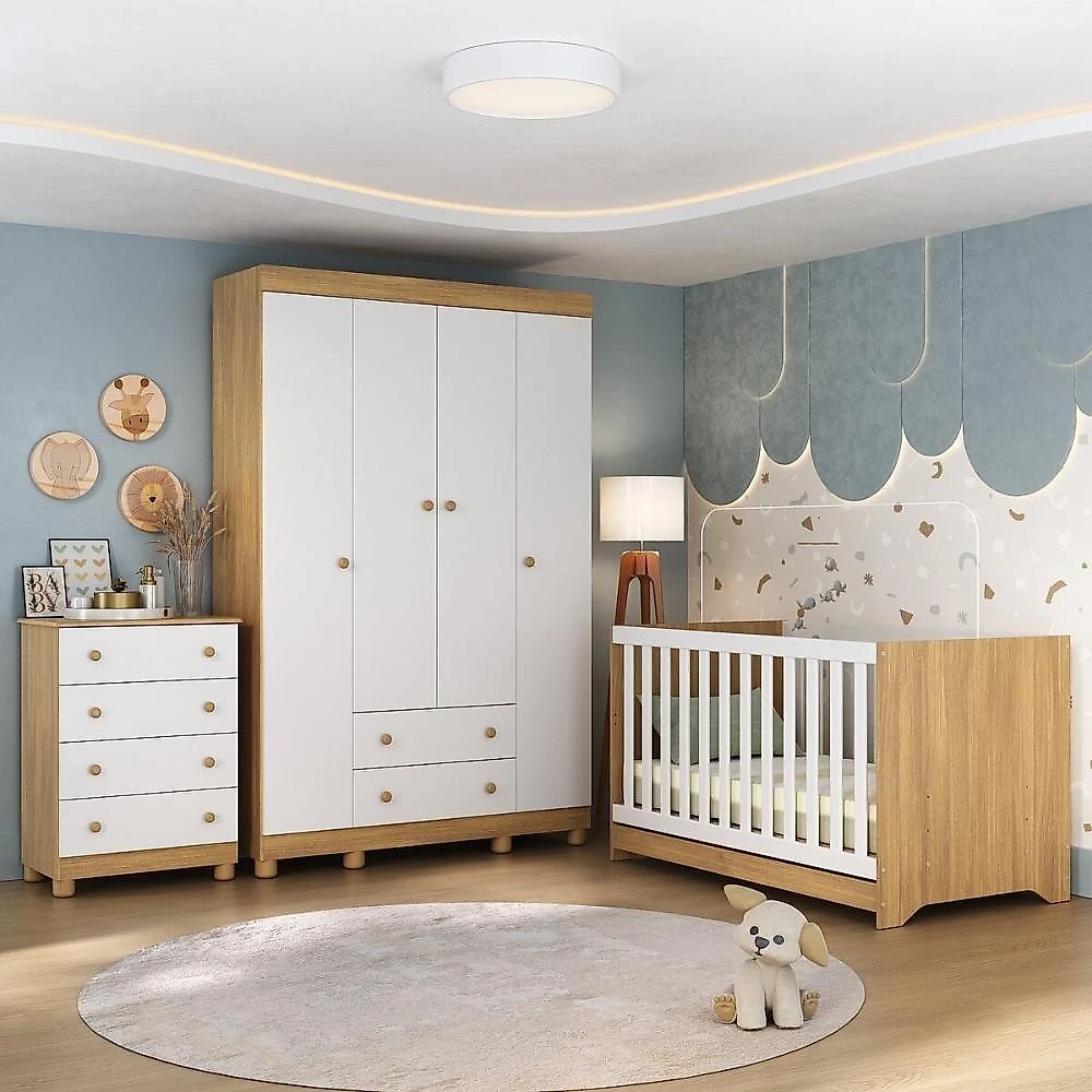 Quarto De Bebê Completo Berço Americano 3 Em 1 Colchão Allegra Multimóveis MP4602 Madeirado-branco