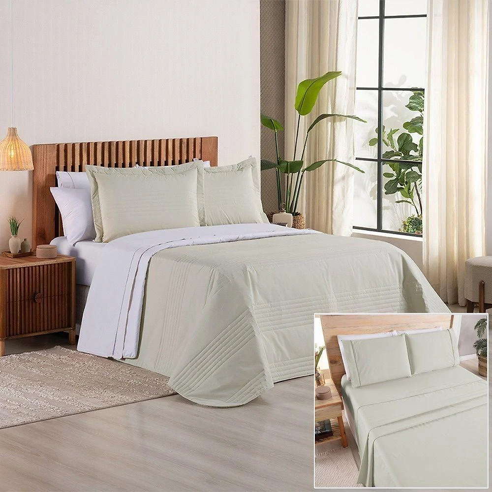 Kit Cobre Leito + Jogo De Cama Premier Queen 7 Peças Hipercal 200 Fios 80% Algodão, 20% Poliéster - Caqui