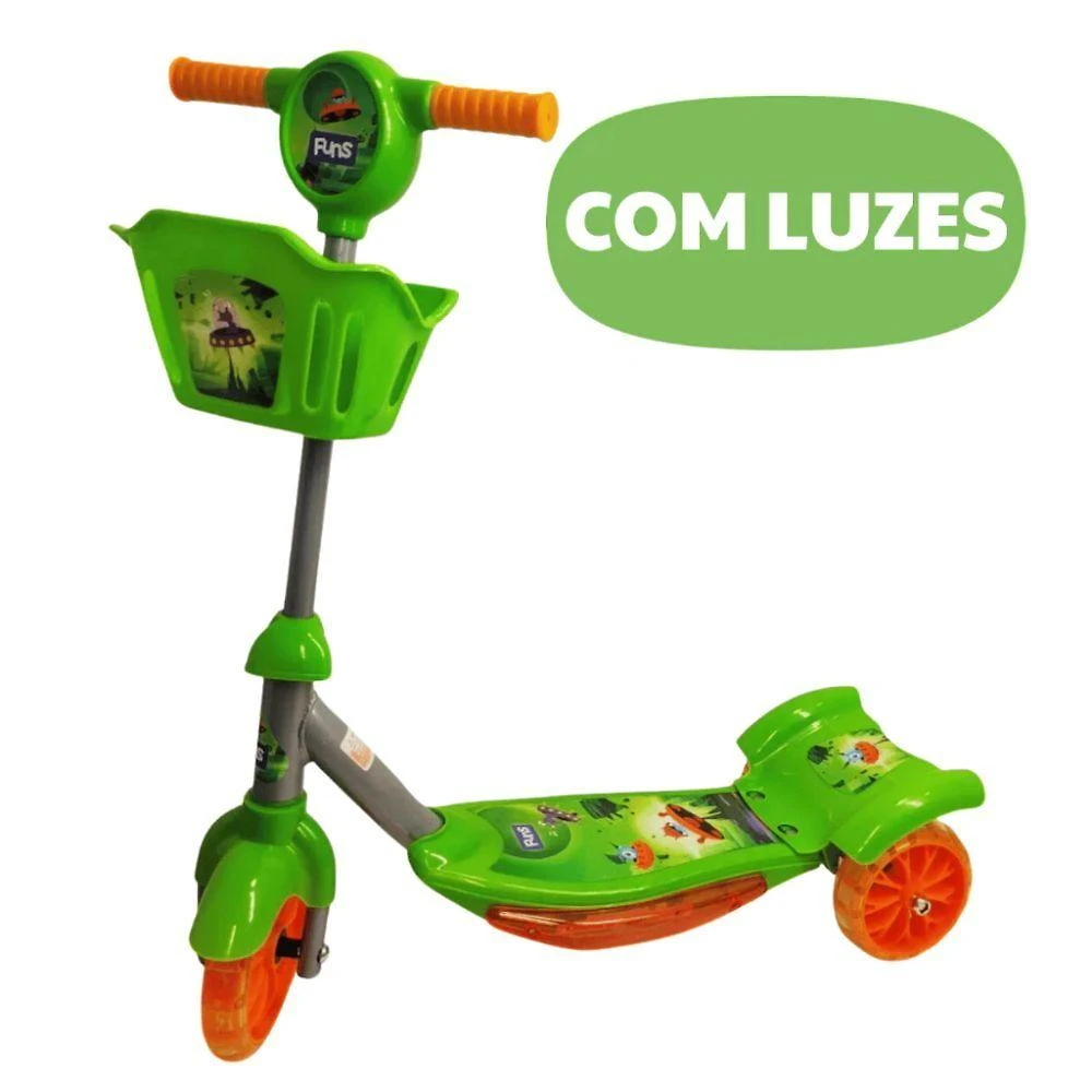 Patinete Infantil 3 Rodas 2 em 1 Luz LED Cesto e Música Regulável
