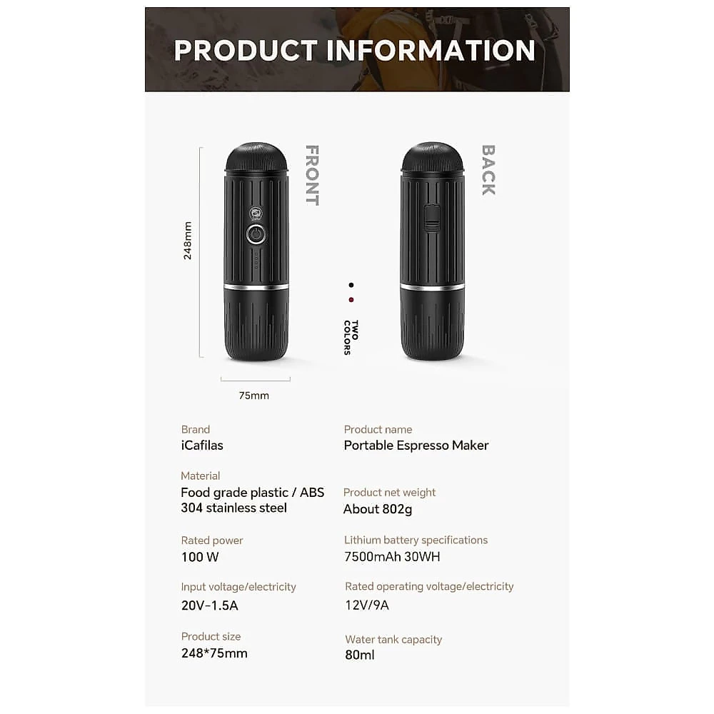 Máquina de Café Portátil 19 Bar com Bateria Recarregável de 7500mAh para Viagens, Acampamento e Casa, 12V 120W, RECAFIMIL, Preta 110v