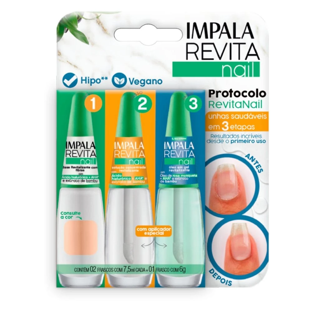 Kit Impala Revitanail Base Coral Light 7,5ml + Solução Concentrada 7,5ml + Óleo Em Gel 6g