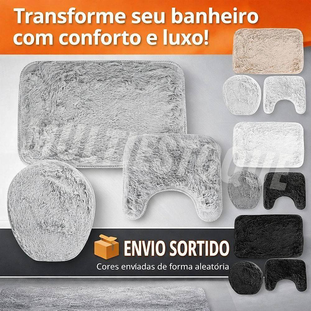 Jogo de Tapetes para Banheiro Veludo Antiderrapante 3 Peças Clean Tech