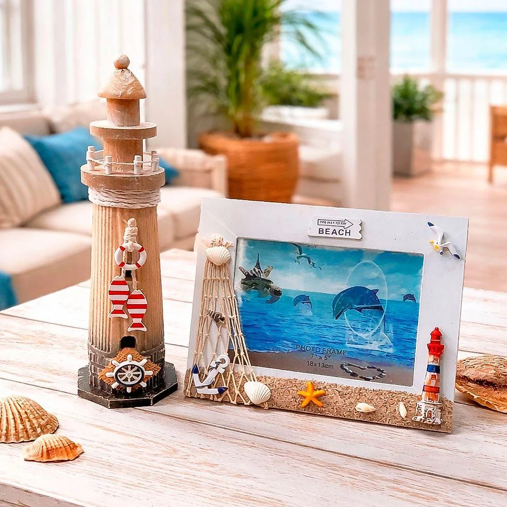 Kit Farol Decorativo e Porta Retrato Náutico para Decoração em MDF e Vidro Bege