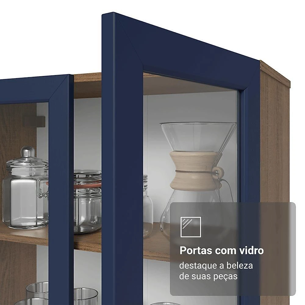 Cristaleira 70 Cm 2 Portas De Vidro Com Pés Cônicos Rustic-azul-rustic Vik Madesa