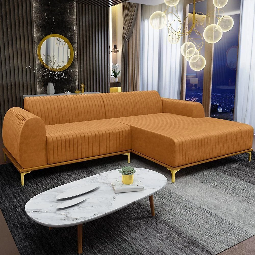 Sofá 5 Lugares Chaise Direito Sala Molino 300cm D02 Pés D\'ouro Couríssimo Whisky B-90
