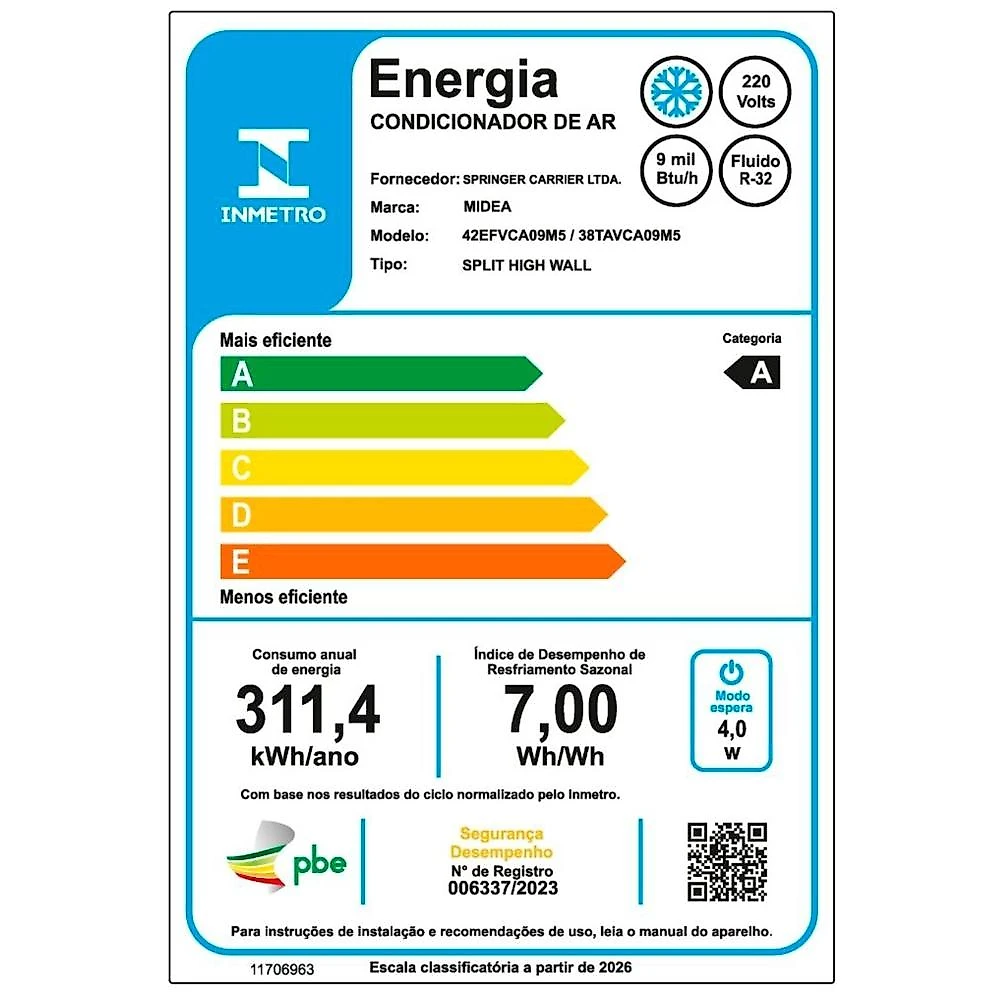 Ar-Condicionado Split Inverter 9000 BTUs Springer Midea AI Airvolution High Wall Só Frio 42EFVCA09M5/38TAVCA09M5 220V