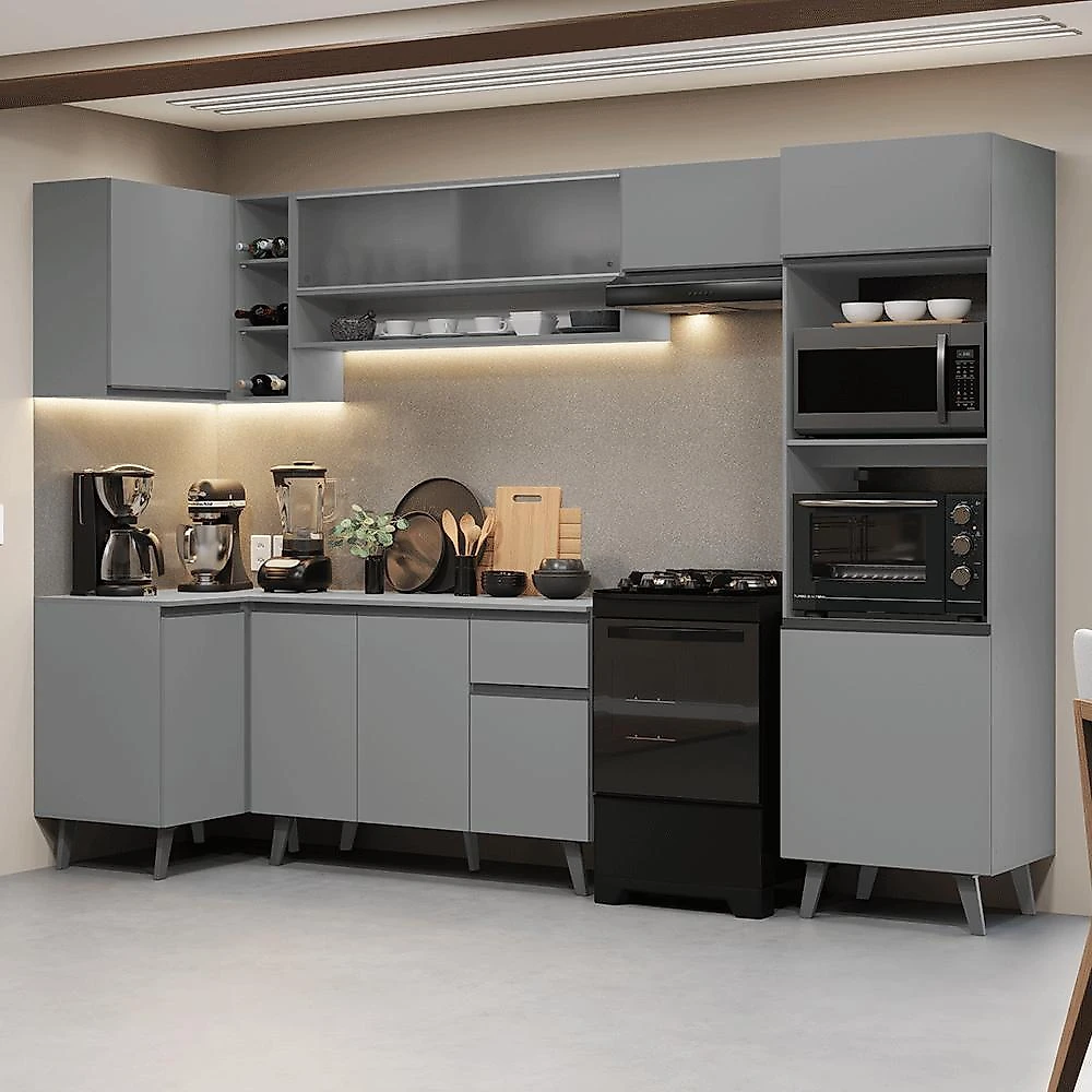 Armário de cozinha completa de canto 385cm cinza nice madesa 03