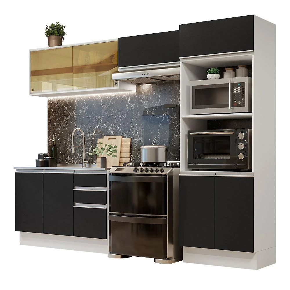 Armário de cozinha completa 100% mdf 270cm branco/preto acordes madesa 08