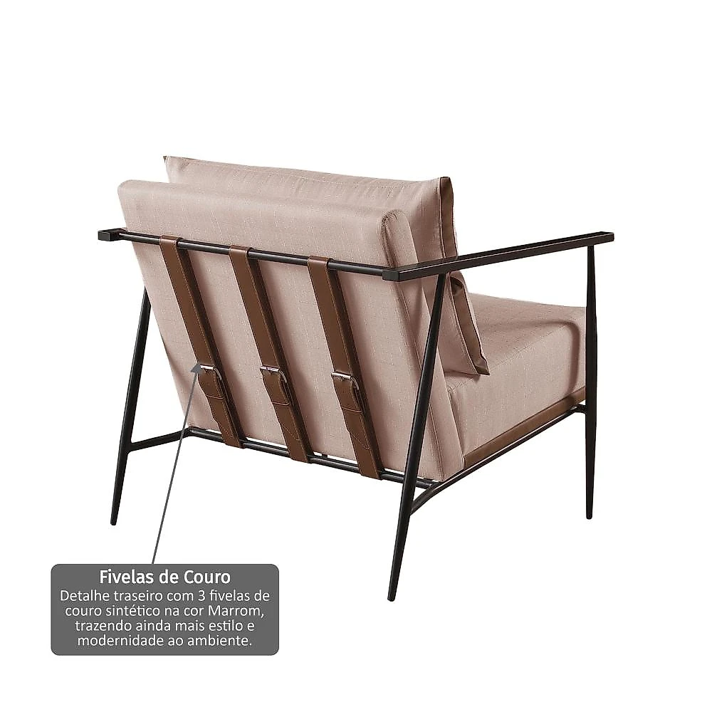 Poltrona em Estrutura de Metal, Estofada e Almofada Inclusa Ferco Poltrona em Linho 70cm com Estrutura de Metal Ferco Bege Claro