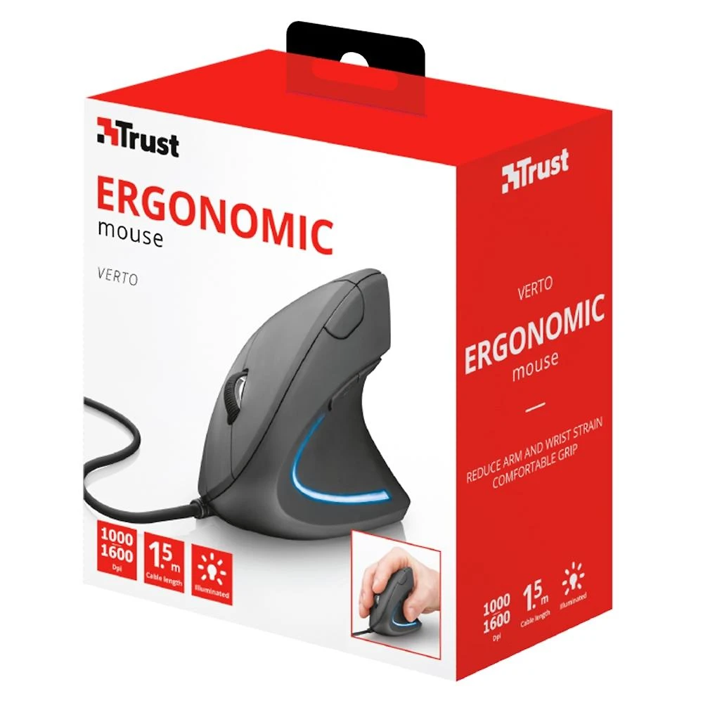 Mouse Trust Vertical Ergonômico Verto, LED Azul, 6 Botões - 22885