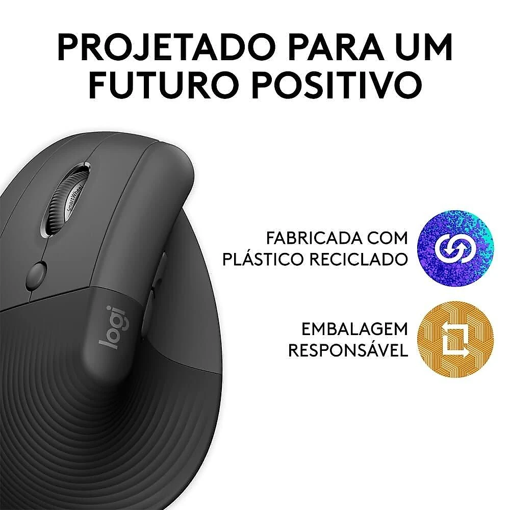 Mouse Sem Fio Logitech Lift para Canhoto, 4000 DPI, 6 Botões, Bluetooth, Ergonômico, USB, Grafite - 910-006467